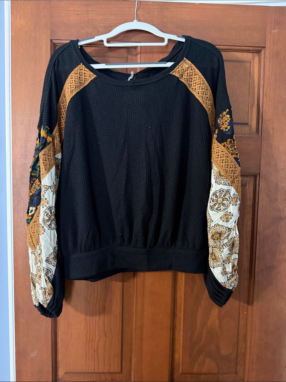 Free People Black Pullover with Mustard and Cream Patterned Balloon Sleeves